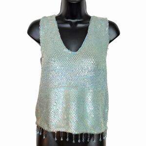 VTG 1960s BLUE SEQUIN FRINGE KNIT TANK TOP BOMBSHELL PINUP ROCKABILLY S M *FLAW
